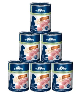 Produktbild von Dehner Premium Hundefutter Sensitive, Nassfutter zuckerfrei / getreidefrei, für ausgewachsene ernährugssensible Hunde, Huhn / Reis, 6 x 400 g Dose (2.4 kg)