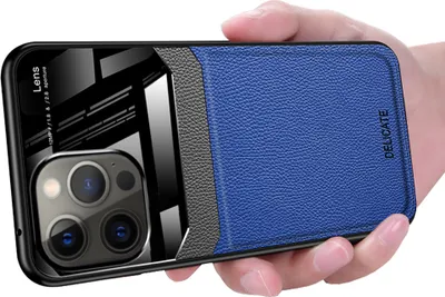 Produktbild von iPhone 13 ProMax Hülle, TPU Stossfest Anti-rutsch Leder Glas Len Hybrid Schutzhülle für iPhone 13 ProMax Blau