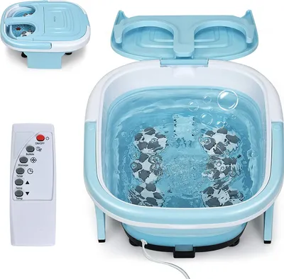 Produktbild von Elektronische Fussbadewanne klappbar, Multifunktionales Fussbadmassagegeraet mit Luftblasen und Fernbedienung, Fusssprudelbad mit verstellbarer Temperatur & Zeit (Blau)