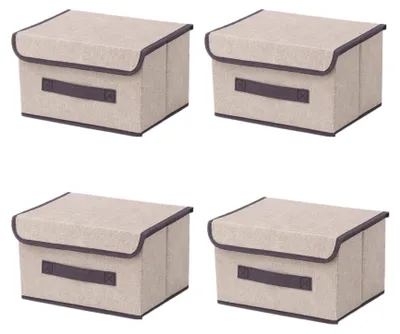 Produktbild von Set mit 4 faltbaren Aufbewahrungsboxen aus Stoff mit Deckel, 26 × 19 × 16 cm, Aufbewahrungsboxen aus Stoff mit Deckel, Kleiderschrank-Organizer