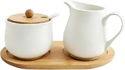 Imagen del producto de Jarra de porcelana para leche y azúcar, de 260 ml, con tapa y cuchara, de color blanco, para la cocina
