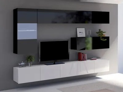 Produktbild von Wohnwand CALABRINI-4 Wohnzimmer-Set Hängewohnwand Schrankwand mit LED-Beleuchtung TV-Schrank Vitrine Moderne Anbauwand Hochglanz (Schwarz / Weiß)