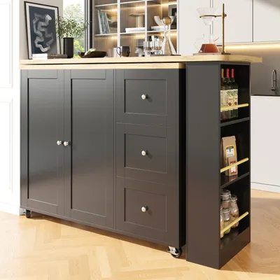 Produktbild von okwish Bartisch 138–209 x 39 x 104 cm Moderner ausziehbarer Bartisch (Ausziehbarer Esstisch mit Rollen und Snackregal für Esszimmer), für Küche, Wohnzimmer und Esszimmer,Schwarz