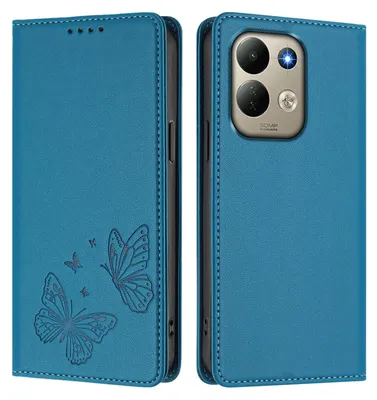 Image de Étui en cuir pour Xiaomi Redmi 17 4G/5G, avec motif papillon, type portefeuille rabattable avec support. Couleur : bleu