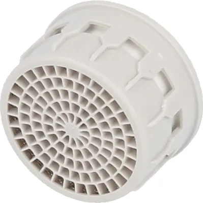 A close-up, studio shot of a white faucet aerator.