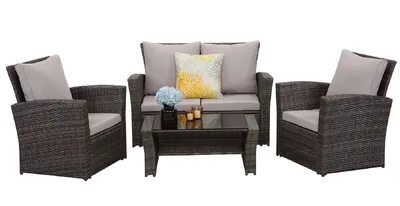 Produktbild von MeXo von GLP HOME Balkonset Balkongarnitur Gartenmöbel Set Polyrattan Wetterfest für 3-4 Personen, (Balkongarnitur Kleiner Balkon Sitzgruppe, 4-tlg., Balkonset, Sitzgarnitur mit Kissen), Gartengarnitur für Lounge Klein Terrasse Garten Indoor Outdoor