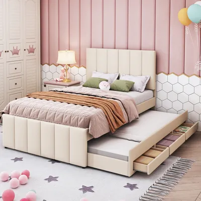 A child's bedroom with a bed, wardrobe, and decorative elements.