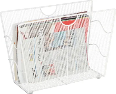 Produktbild von Relaxdays Zeitungsständer Metall, Zeitschriftenständer freistehend, Mesh, Wohnzimmer und WC, HBT: 27 x 39 x 17 cm, weiß