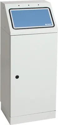 Produktbild von Abfallsammler mit selbstschließender Einwurfsklappe zur Wandbefestigung | 1x45 Liter, HxBxT 100x40x30cm | Selbstlöschend Brandschutzklasse A1 | Lichtgrau mit Klappenaufkleber in 3 Farben