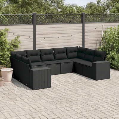 Produktbild von Design 9-tlg. Garten-Sofagarnitur mit Kissen Schwarz Poly Rattan, Gartenmöbel-Sets 2024 Neu