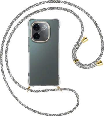 Produktbild von Handykette Backcover-Schutzhülle mit Band (Metall goldfarben) für Vivo iQOO Z9s Pro / T3 Pro 5G - weiß/grau kariert
