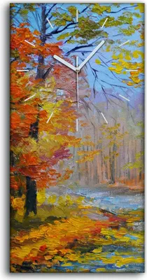 Produktbild von Wohnzimmer-Bild Leinwand Uhr Geräuschlos 30x60 Ölgemälde Wald Bäume Herbst Kunst - weiße Hände