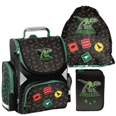 Produktbild von Schulranzen 3-tlg. Set für Mädchen & Jungen DINOSAURIER– Paso Ranzen, Mäppchen, Tasche