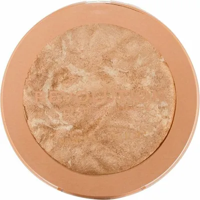 A top-down view of a bronzer compact.