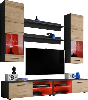 Obrázek produktu pro Komodee | Obývací pokojová sestava RTV Varallo, korpus černý matný, barva čela Wotan matný, LED RGB
