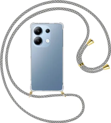 Produktbild von Handykette Backcover-Schutzhülle mit Band (Metall goldfarben) für Xiaomi Redmi Note 13 Pro 4G - weiß/grau kariert