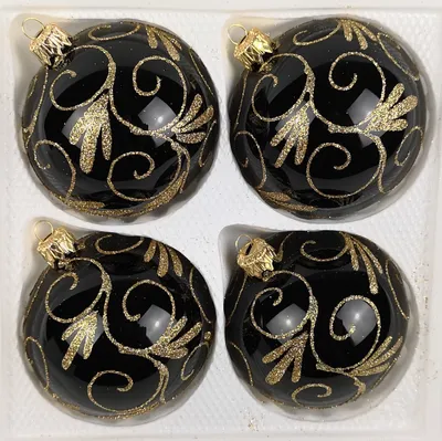 Produktbild von 4 tlg. Glas-Weihnachtskugeln Set 10cm Ø in Hochglanz Schwarz Goldene Ornamente