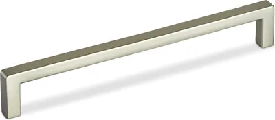 A single brushed metal cabinet pull handle.