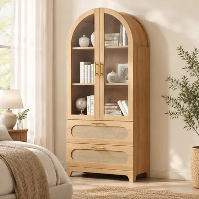 Produktbild von okwish Vitrinenschrank mit 2 Schubladen,Glastüren und Metallgriffen,Küche Hochschränke mit verstellbaren Böden, Retro-Stil,Holz