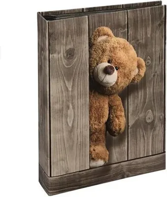 A teddy bear peeking out from behind a wooden plank.