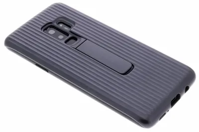 A dark gray phone case with a ribbed texture and a built-in kickstand is shown from a diagonal angle against a white background.