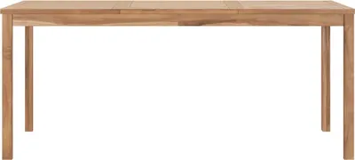A wooden dining table on a white background.