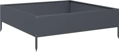 A dark gray raised garden bed with pointed legs is shown from a slightly elevated side angle against a white background.