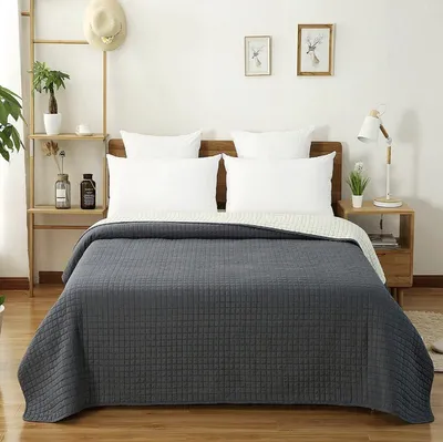 Obrázok produktu pre Luxusný prehoz Happyment - prehoz na posteľ pre 2 osoby - sivý/béžový - polyester - 220x240 cm