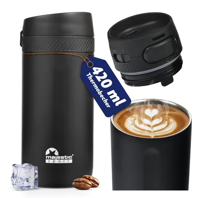 Image de Majestic Sport Nord Tasse isotherme 420 ml, Tasse à café à emporter 100% anti-fuite, Garde au chaud au moins 6 h, Sans BPA - Acier inoxydable mince, Noir.