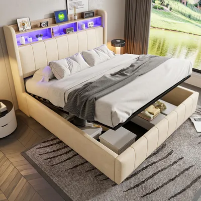 Image de OKWISH Lit Coffre Double 160x200 cm avec Rangement Hydraulique et LED, Lit Coffre Capitonné Adulte, Lin, Beige - Sans Matelas
