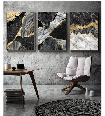 Productafbeelding van Abstracte wandkunst, canvas schilderijen, grijze en gouden marmertextuur, fluid art, set van 3, 30x40 cm, zonder frame