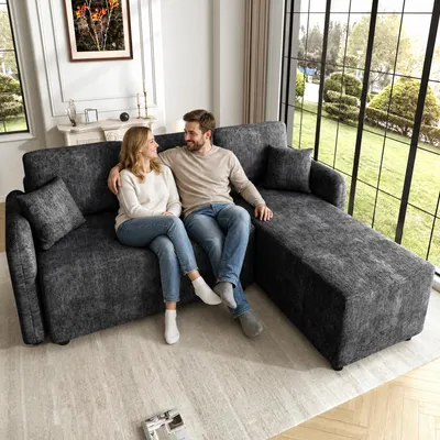 Productafbeelding van Merax L-vormige hoekbank met 3 zitplaatsen en een liggedeelte, chenillebank met hoogwaardig schuim, 2 kussens, massief houten frame, draagvermogen tot 150 kg, bank voor de woonkamer, zwart