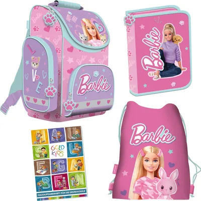 Obrázek produktu pro Školní taška pro dívky, sada 4 ks - školní batoh pro děti s penálem - pytel na boty a domácí kniha - motiv Barbie