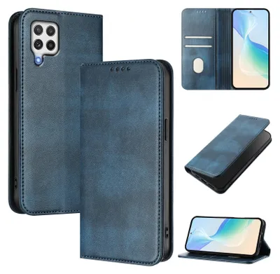 Image de Etui pour Samsung Galaxy A22 4G, étui en cuir vintage avec protection RFID, fentes pour cartes, support Bleu