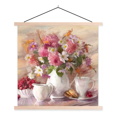 Produktbild von MuchoWow® Textilposter Gemälde - Blumen - Vase - Ölfarbe 40x40 cm mit holzfarbenen Rahmen - Posterleiste