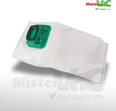 A vacuum cleaner dust bag with a green plastic connector, set against a white background with a subtle shadow.
