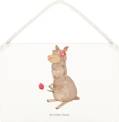 Produktbild von Mr. & Mrs. Panda Schild Alpaka Blume DIN A5 - Weiß - Geschenk, holzbild, kleine aufmerksamkeit, Holzschild, Türschild, Lama, Spruch, Wandbild Holz, Lamas