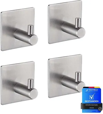 Productafbeelding van MK34251A Wandhaken van staal, handdoekhouder, keukenhaak, -lijm, 4 stuks, roestvrij staal, zilverkleurig