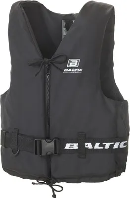 A black life vest is shown against a white background.