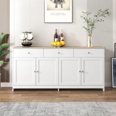 Immagine prodotto di Credenza Sweiko con venature del legno bianco, quattro ante, con tre cassetti, soggiorno, sala da pranzo. Colore del legno e bianco