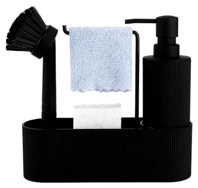 Produktbild von Set aus Seifen- und Spülmittelspender für die Küche mit Spülbürste, Schwamm und Halter für Spültücher, Seifenspender-Set für das Badezimmer, Küchenorganizer für die Spüle in Schwarz