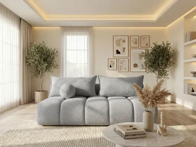 Produktbild von Schlafsofa mit Bettkasten – 3-Sitzer Sofa Couch mit Schlaffunktion, Bettfunktion – Skandinavische Polstercouch im modernen Design – Weicher Bouclé, Bouclestoff – Hellgrau