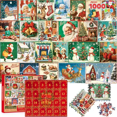 Productafbeelding van Puzzel Adventskalender 1000-delige Kerstpuzzel Kerstkalender Countdown Kalender met 24 Dagen Kerstpuzzel als Cadeau voor Kinderen