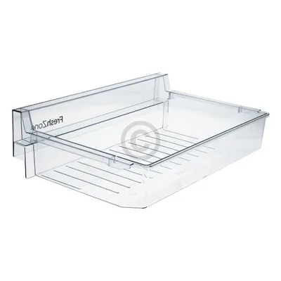 A clear plastic refrigerator drawer on a white background.