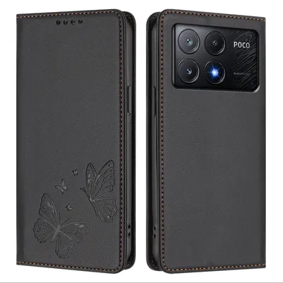 Produktbild von Lederhülle für Xiaomi Poco X6 Pro, Schmetterling Prägung Leder Brieftasche Schutzhülle mit Ständer Schwarz