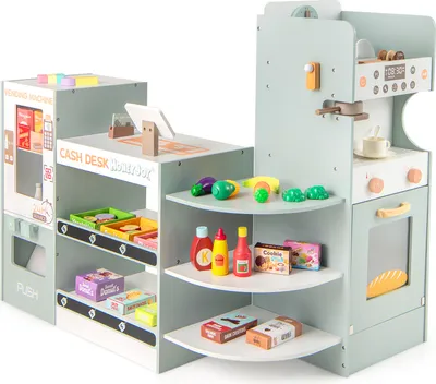 A wooden toy grocery store playset with various accessories.