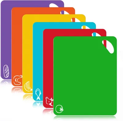 A set of six colorful cutting boards arranged diagonally.