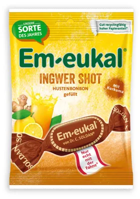 Produktbild von Em eukal Ingwer Shot Hustenbonbons gefüllt fruchtig scharf 75g