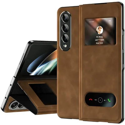 Obrázek produktu pro Slim flipové kožené pouzdro pro Samsung Galaxy Z Fold 4 5G, s okénkem pro zobrazení a funkcí stojánku Hnědý