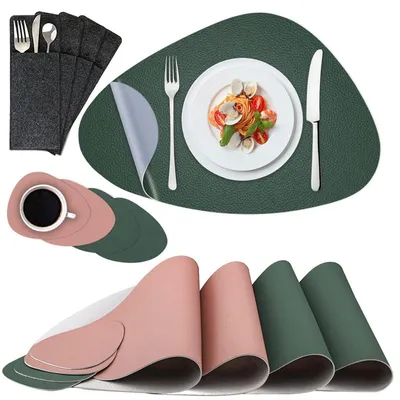 Produktbild von Tischsets Untersetzer & Bestecksäcke 4er Set Abwaschbar Rutschfest Oval in Lederoptik
